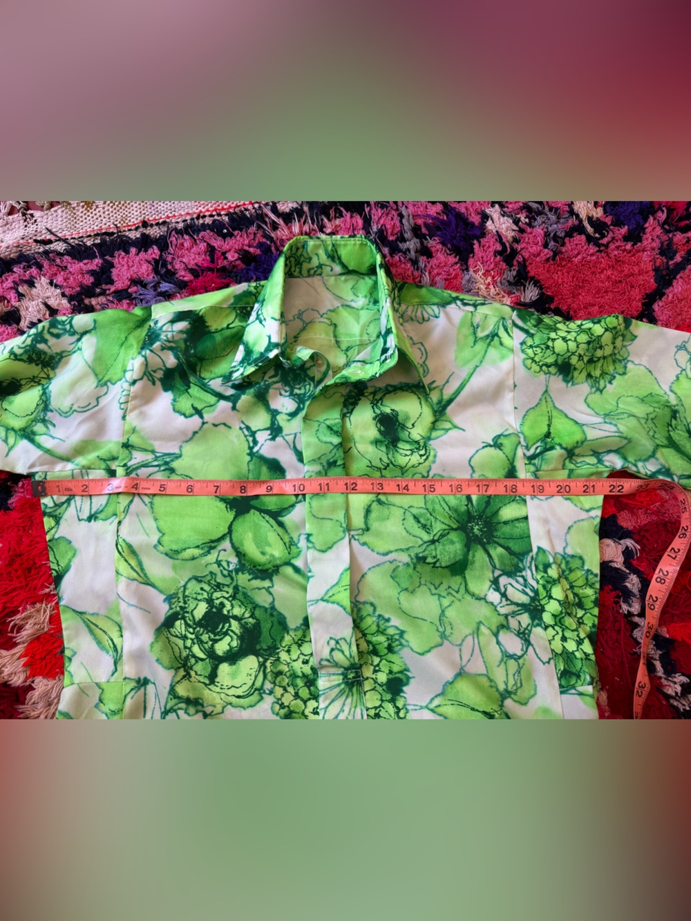 70s Vintage Handmade Bright Green Floral Maxi Shirt Dress Sz M - Picture 7 of 10